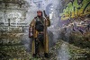 Hellboy cosplay in an abandoned factory complex